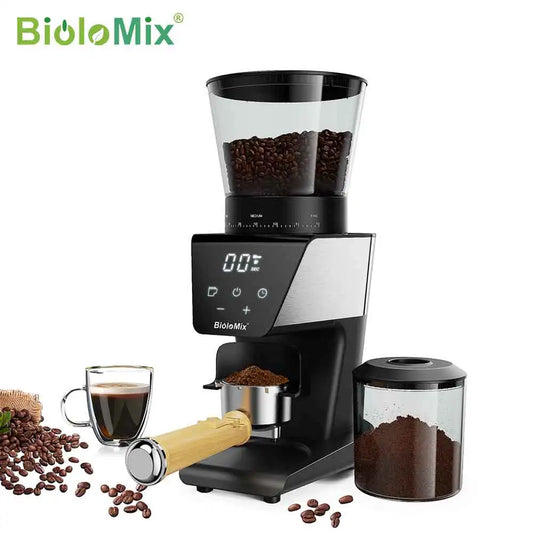 BioloMix Automatic Burr Mill Electric Coffee Grinder with 30 Gears for Espresso American Coffee Pour Over Visual Bean Storage