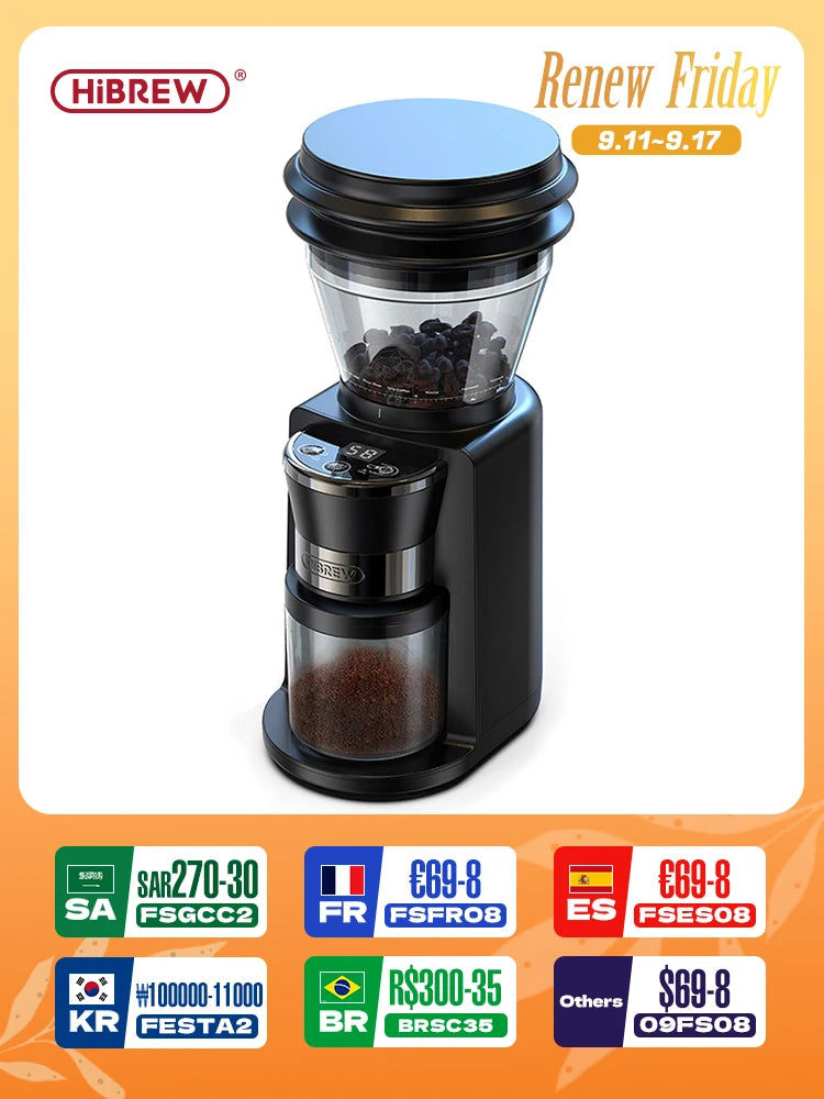 HiBREW Automatic Burr Mill Electric Coffee Grinder with 34 Gears for Espresso American Coffee Pour Over Visual Bean Storage G3